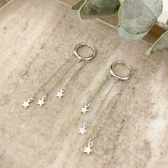 925 Sterling Silver Star Huggie Earrings Dangle Star Drop Earrings Hoop Huggies - Picture 3 of 6